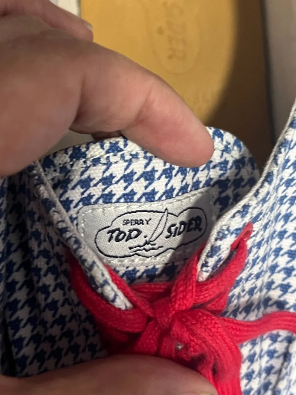 Sperry Top Sider Blue Houndstooth Sneakers with Red Laces Anti Slip 11.5